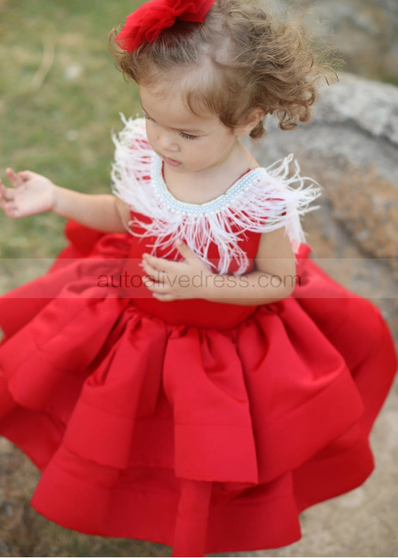 Red Fluffy Beaded V Back Flower Girl Dress
